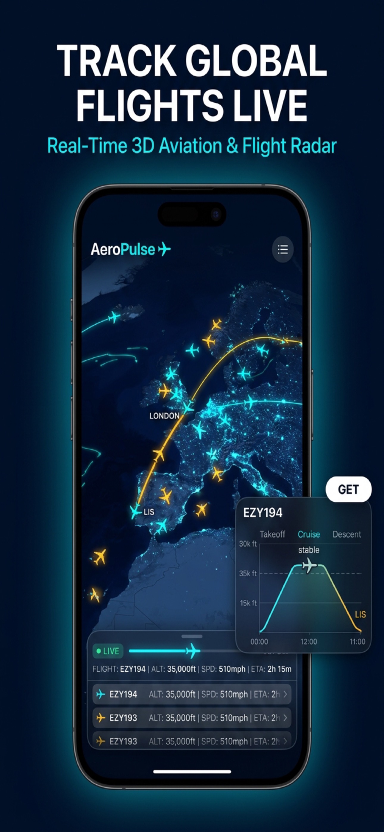 AeroPulse live 3D flight radar screen
