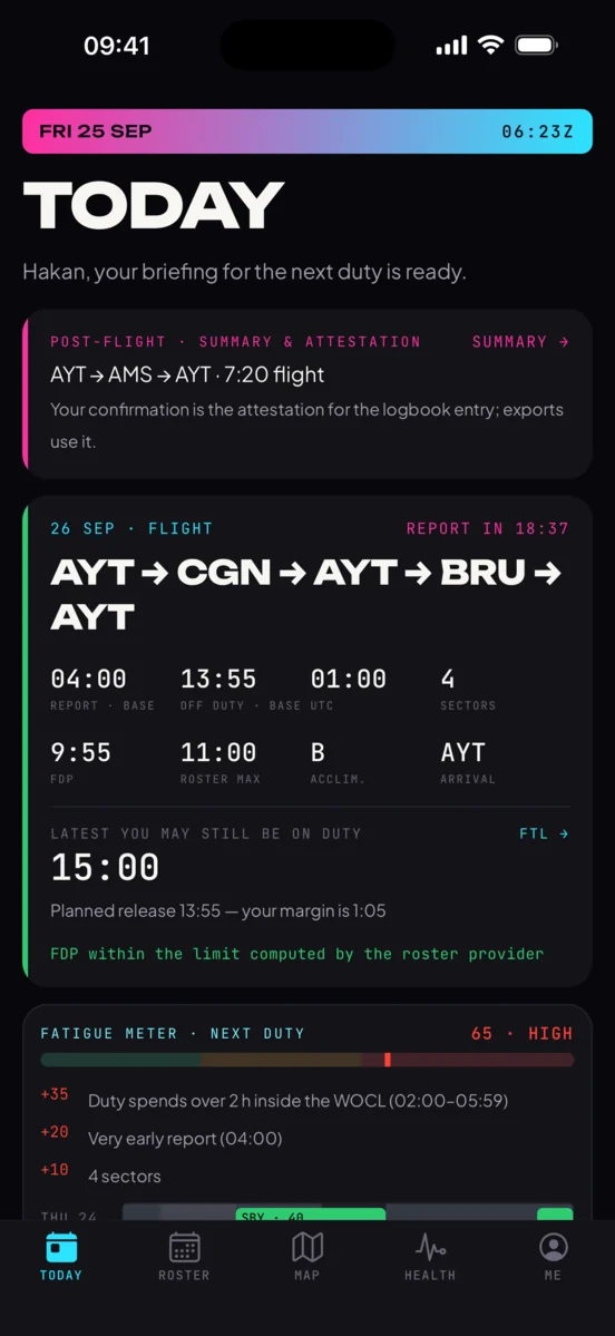 Crewops today screen with duty limits and fatigue meter