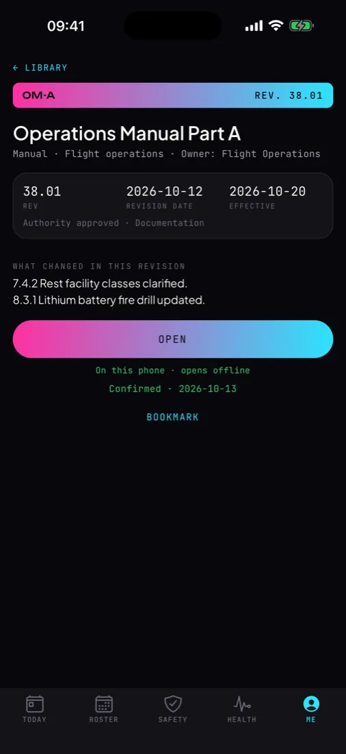 Crewops Library on the phone: Operations Manual Part A, revision 38.01, with its effective date, authority approval, what changed, kept offline and confirmed