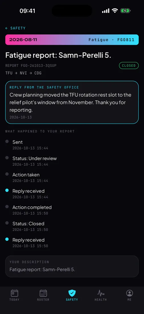 Crewops Safety on the phone: a closed fatigue report with the safety office's reply and the report's timeline