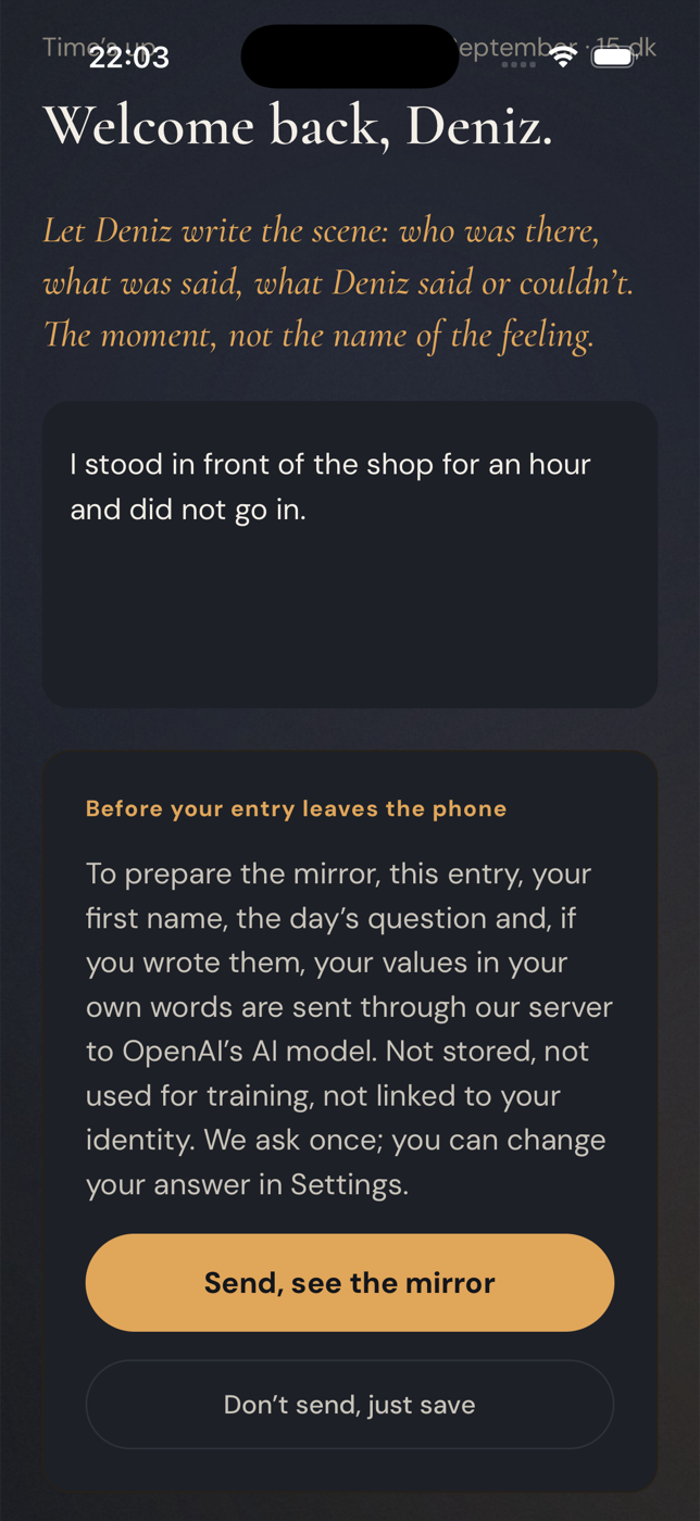 The consent card before the first entry leaves the phone