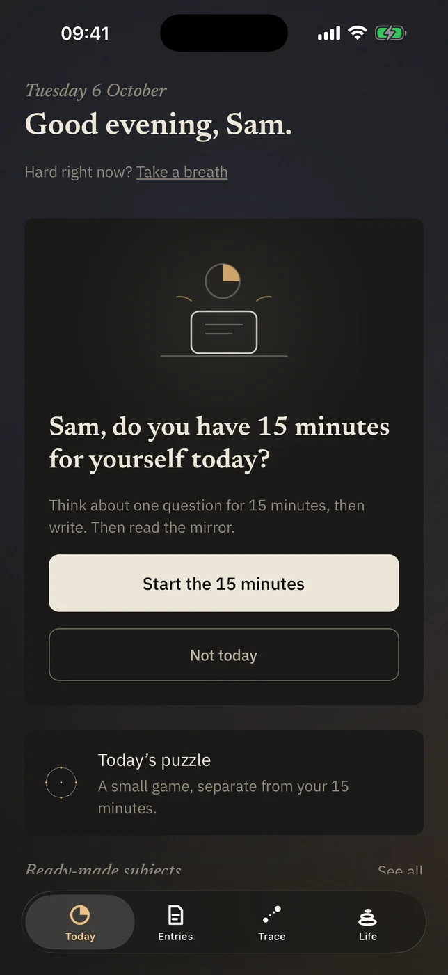 Pondr’s Today screen: the daily question and a button to start the 15 minutes